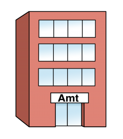 Zeichnung von einem hohen Gebäude mit der Aufschrift Amt